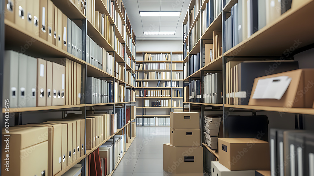 Poster A modern library room is designed with efficient storage solutions that include neatly arranged storage boxes, folders and documents on shelves