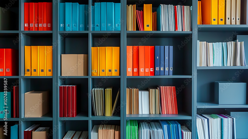 Poster A modern library room is designed with efficient storage solutions that include neatly arranged storage boxes, folders and documents on shelves