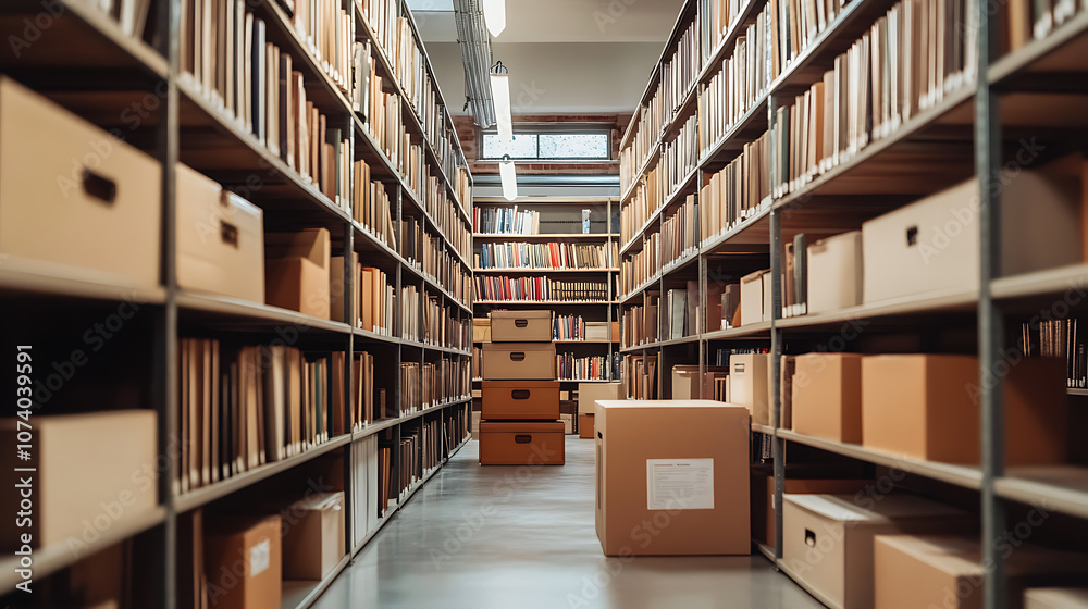 Poster A modern library room is designed with efficient storage solutions that include neatly arranged storage boxes, folders and documents on shelves
