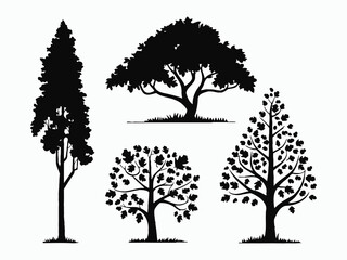 Diverse Tree Silhouettes with Leaves EPS Vector Template Illustration
