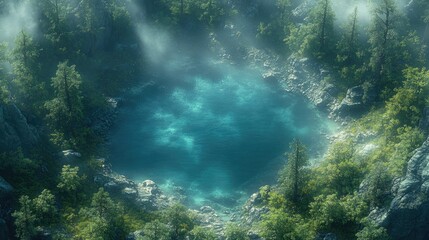 Fototapeta premium Aerial view of a hidden, turquoise lake surrounded by lush forest.