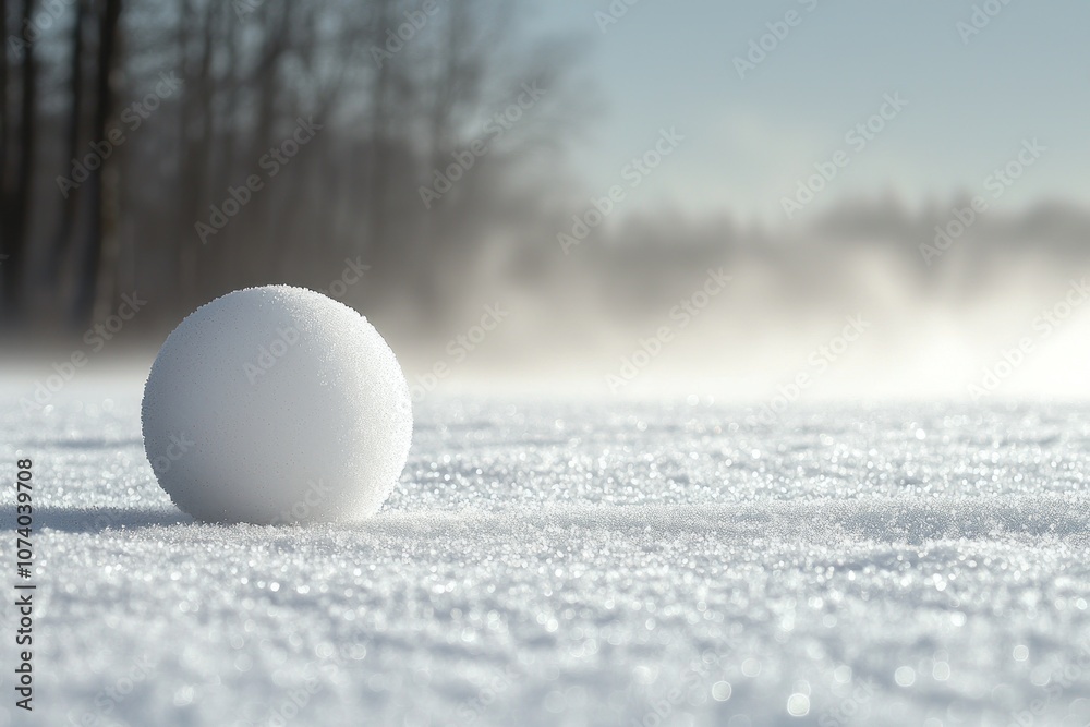 Poster a single snowball on a glimmering snowy field