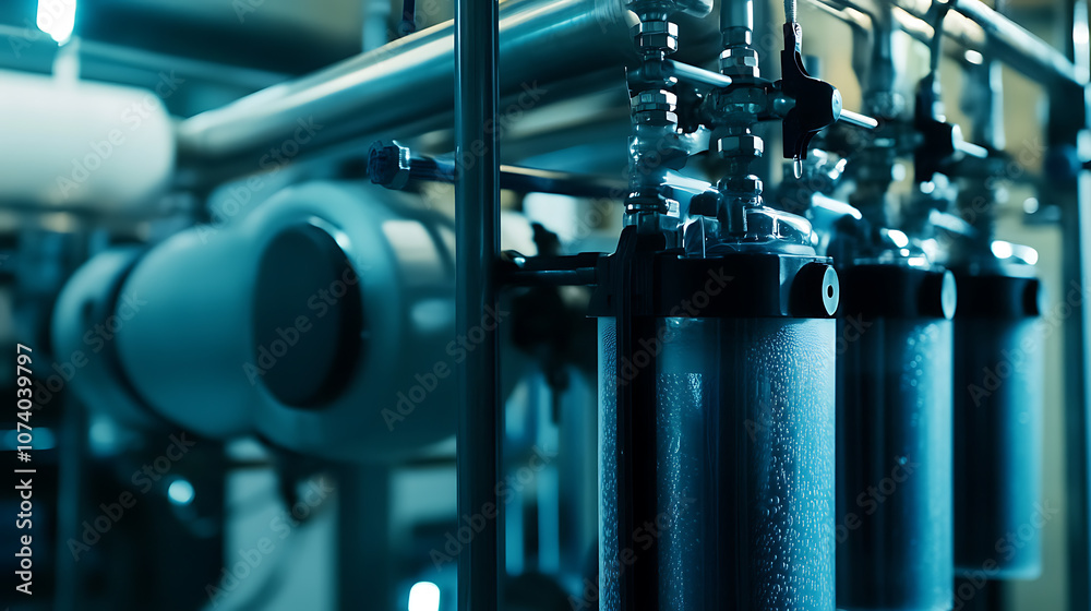 Poster a reverse osmosis unit filtering water, highlighting the advanced filtration system and water recycl