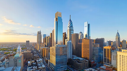 Obraz premium A panoramic view of the city skyline at dusk, showcasing high-rise buildings and modern architecture against a blue sky