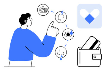 Person pointing at diagrams of symptoms including headache, tearful eye, and runny nose. Wallet with credit card indicates costs, financial aspect of healthcare. Ideal for medical, insurance, health