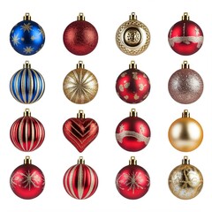 A collection of Christmas ornaments arranged on white background.