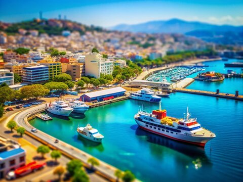 A Stunning Tilt-Shift View of Rafina Port in Attiki, Greece, Featuring Terminal Docks and Car Ferries with Vibrant City Backdrop and Scenic Mediterranean Landscape
