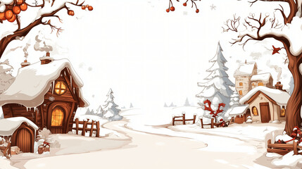 A snowy winter landscape featuring cozy cottages, bare trees, and a winding path in a tranquil village setting