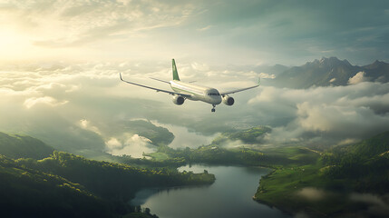 Fototapeta premium A serene landscape showcasing eco-friendly travel and green aviation, emphasizing sustainable practices in the travel industry