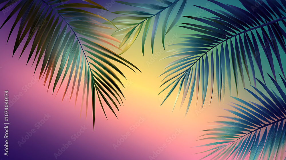 Poster a simple vector illustration of tropical palm leaves on an abstract gradient background, creating a 