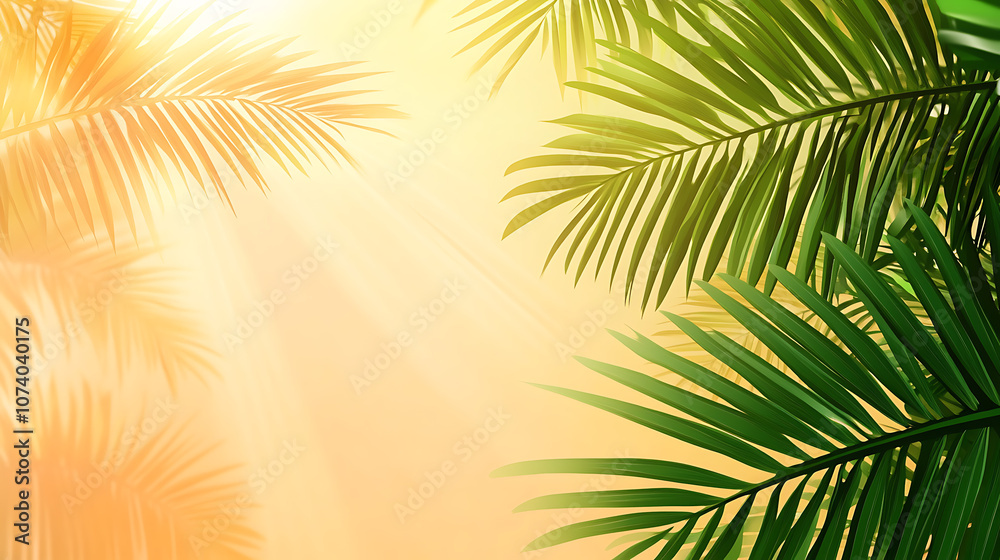 Poster a simple vector illustration of tropical palm leaves on an abstract gradient background, creating a 