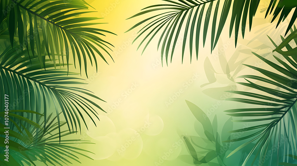 Poster a simple vector illustration of tropical palm leaves on an abstract gradient background, creating a 