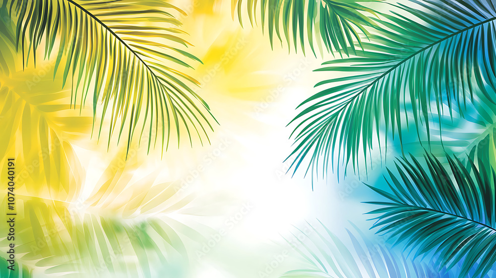 Poster a simple vector illustration of tropical palm leaves on an abstract gradient background, creating a 