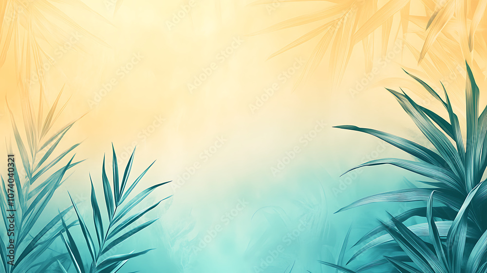 Poster background gradient with palm leaves in a light green and orange color palette in the flat design st
