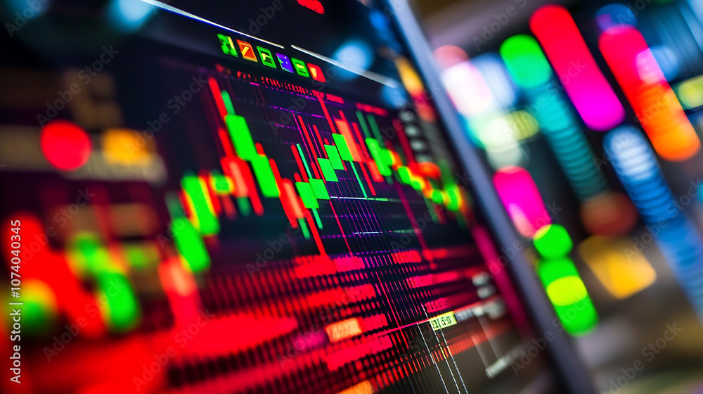 Poster a stock market graph with red and green colors, blurred background, blurred foreground a colorful st