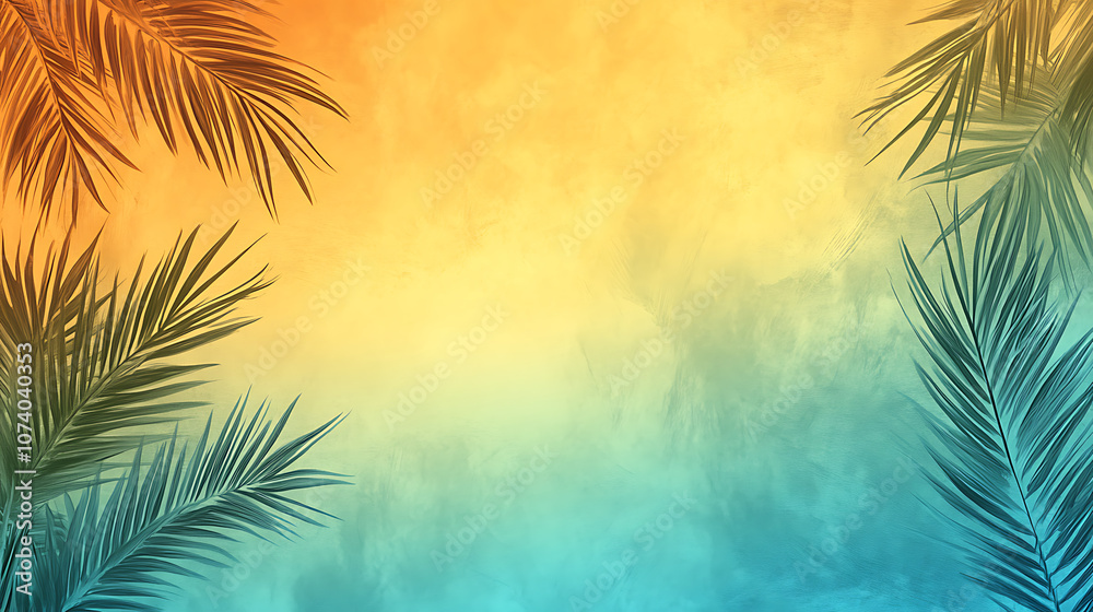Poster Background gradient with palm leaves in a light green and orange color palette in the flat design style on a blurred background with soft lighting