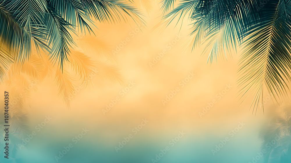 Poster Background gradient with palm leaves in a light green and orange color palette in the flat design style on a blurred background with soft lighting