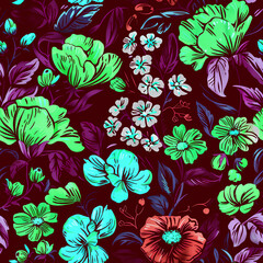 Seamless pattern of flowers with pink blue and purple background.	