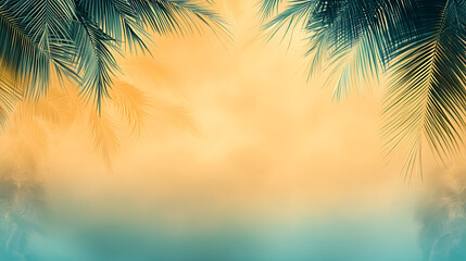 Background gradient with palm leaves in a light green and orange color palette in the flat design style on a blurred background with soft lighting