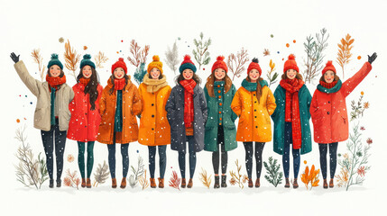 Obraz premium vibrant group of friends in colorful winter coats celebrating together