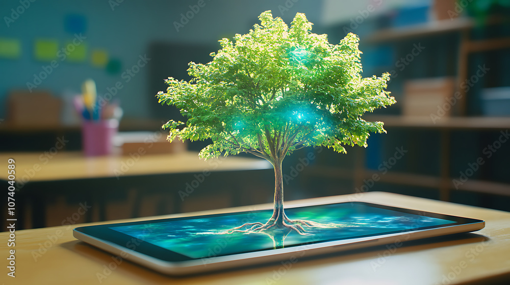 Poster A tablet on a classroom desk displays an augmented reality hologram of a tree, showcasing kids learning biology and nature using AR technology