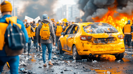 Fototapeta premium Protestors, rioters starting fires and causing massive damage