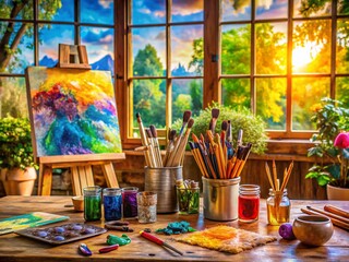 A Vibrant Artist's Workspace with Brushes and Paints Laid Out on a Table, Showcasing a Creative Environment for Inspiration and Artistic Expression in Panoramic View
