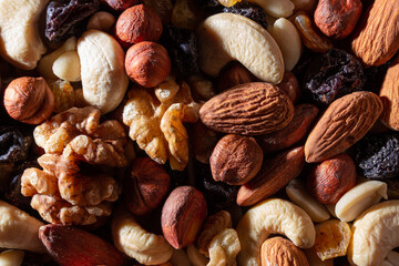 Mixed Nuts: Almonds, Walnuts, Cashews, Peanuts, Hazelnuts, Dried Prunes and Raisins. Different Nut Mix. Background from Various Nuts and Dried Fruits