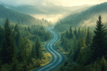 Obraz premium Winding Road Through Misty Mountain Forest