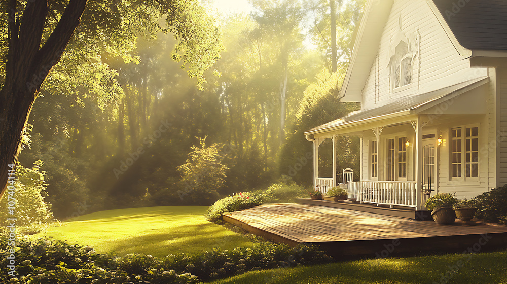 Poster a white house with an elegant wooden deck and green lawn, nestled in the woods with sunlight filteri