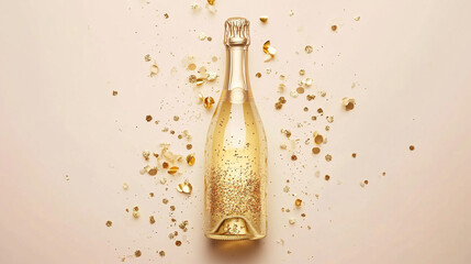 Bottle of champagne and gold glitter on neutral background. Concept New Year. Top view. 