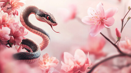 Obraz premium Snake in pink cherry blossom. New Year 2025. Copy space. 