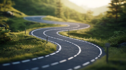 Obraz premium A winding road leading towards a bright horizon, symbolizing the journey and challenges on the path to achieving success, Ideal for motivational and business themes