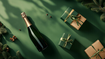 Bottle of champagne and Christmas decor on green background. Concept New Year. Top view. 