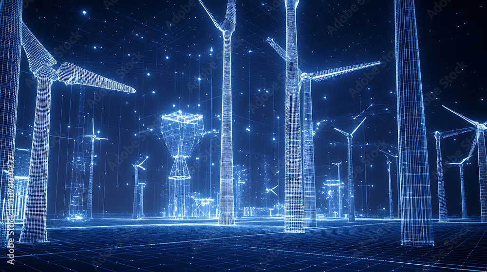 Poster A wireframe of wind turbines showcasing advanced design and performance analysis, highlighted in blue tones, emphasizing the intricacies of renewable energy technology