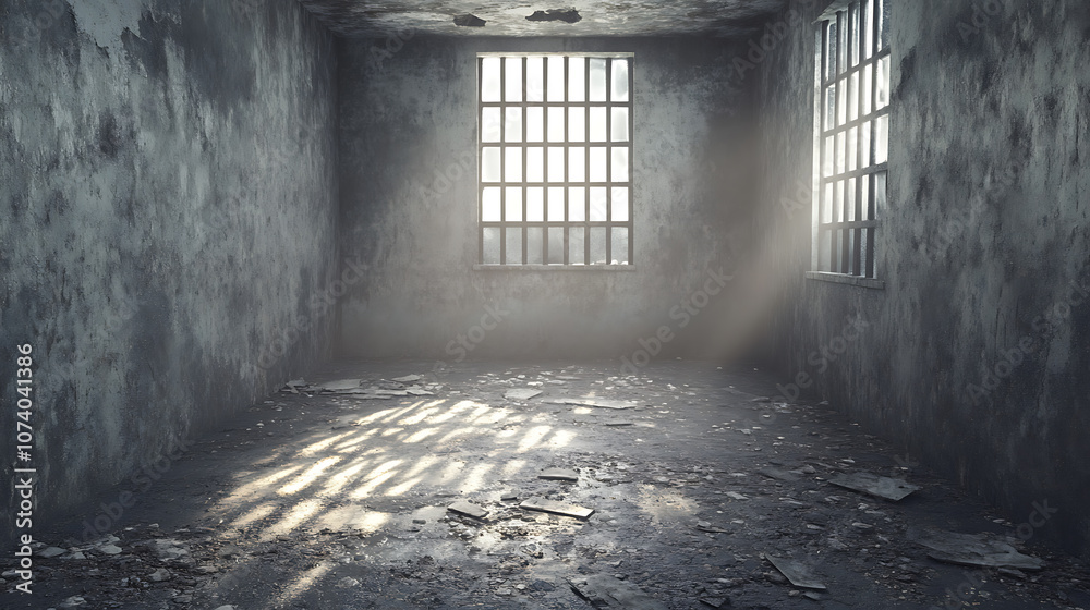 Poster abandoned prison cell with dirty floor and broken windows