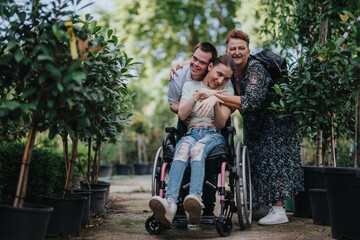 A boy with Down syndrome joyfully embraces a girl in a wheelchair alongside an elderly woman in a...