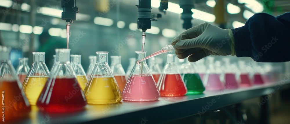 Aufkleber A Scientist in a Laboratory Adding Liquid to a Flask with a Pipette