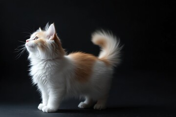 the beside view baby Norwegian Forest cat standing, left side view, low angle, white copy space on right, Isolated on black Background