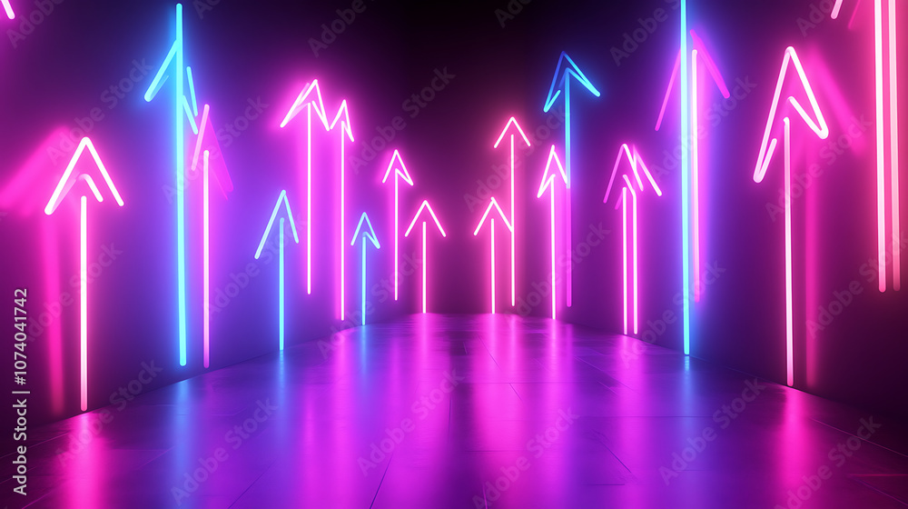 Poster abstract background with glowing neon arrows pointing upwards, symbolizing growth and success in bus