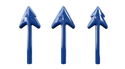 Set of three blue arrows pointing up on transparent background