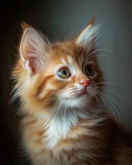 Mystic portrait of baby Norwegian Forest cat, copy space on right side, Headshot, Close-up View, isolated on white background