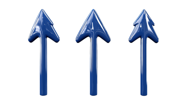 Set of three blue arrows pointing up on transparent background