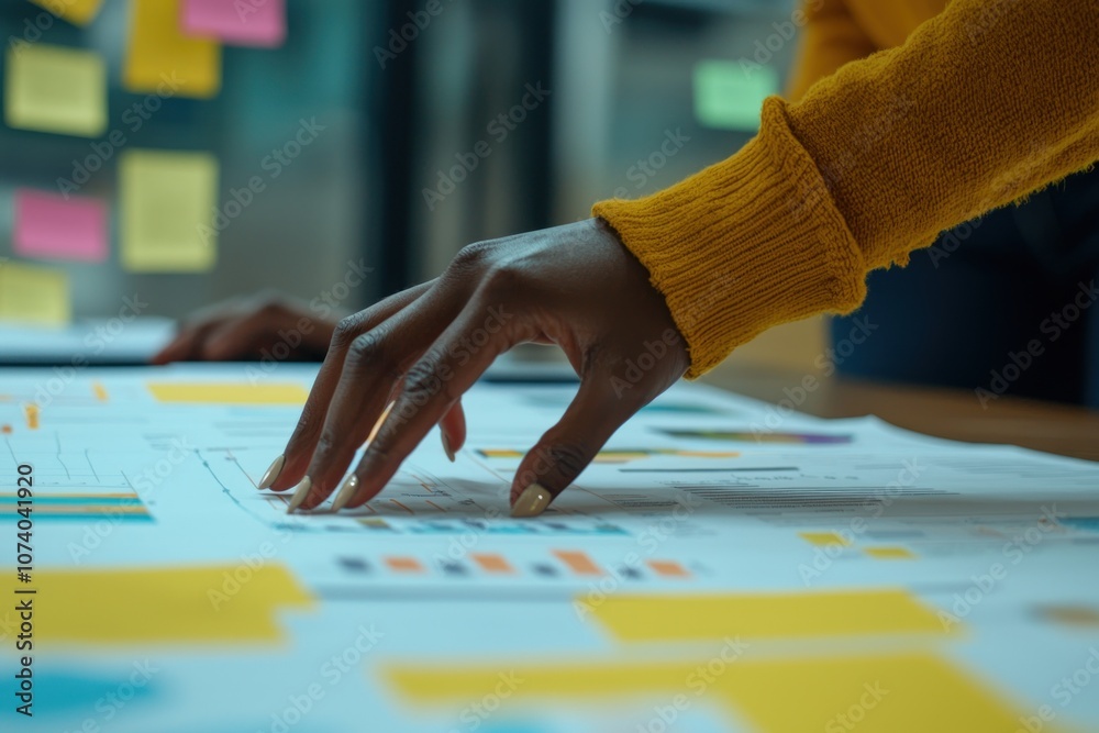 Aufkleber a close-up of a person's hand pointing at a chart covered in sticky notes