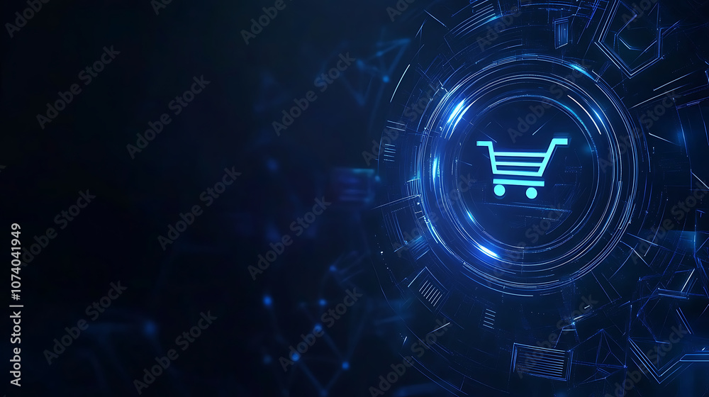 Aufkleber abstract futuristic background with a glowing blue hologram shopping cart icon in a circle on a dark