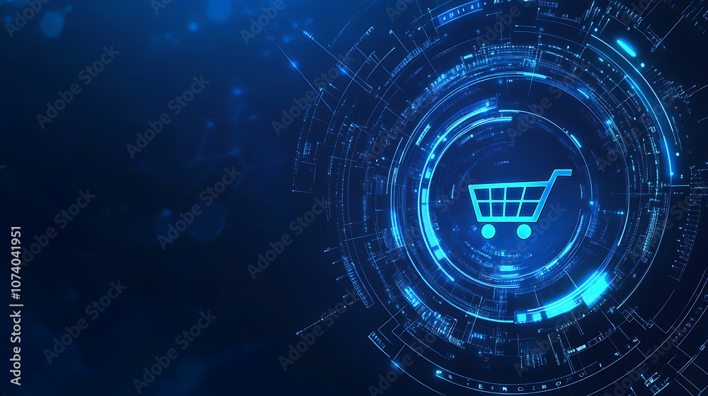 Poster abstract futuristic background with a glowing blue hologram shopping cart icon in a circle on a dark