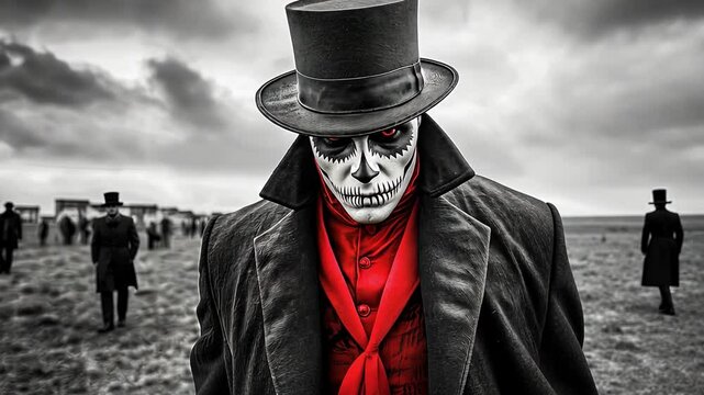 Spooky man with a gothic costume and a dead mask