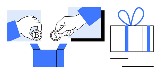 Hands placing coins labeled B and S into blue box, gift box with ribbon on right. Ideal for donation, charity, savings, finance, fundraising, holiday giving volunteer support. Line metaphor