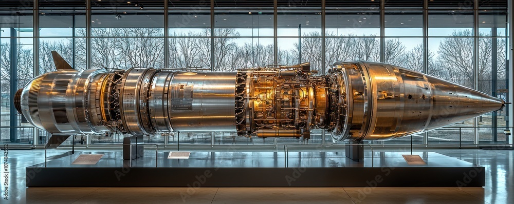 Poster a detailed view of a large metal jet engine on display
