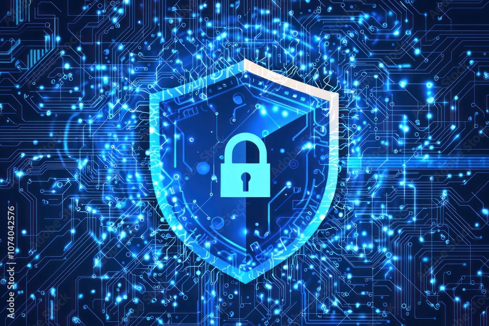 Poster Digital Shield with a Padlock on a Circuit Board Background